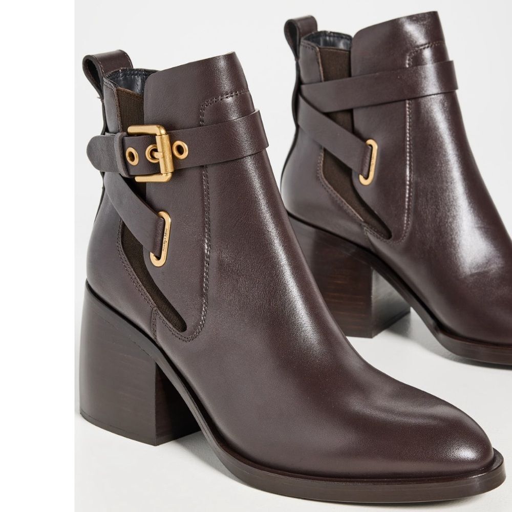 See by Chloé Dark Brown Calf Averi Block Heel Leather Bootie, New, Size 41